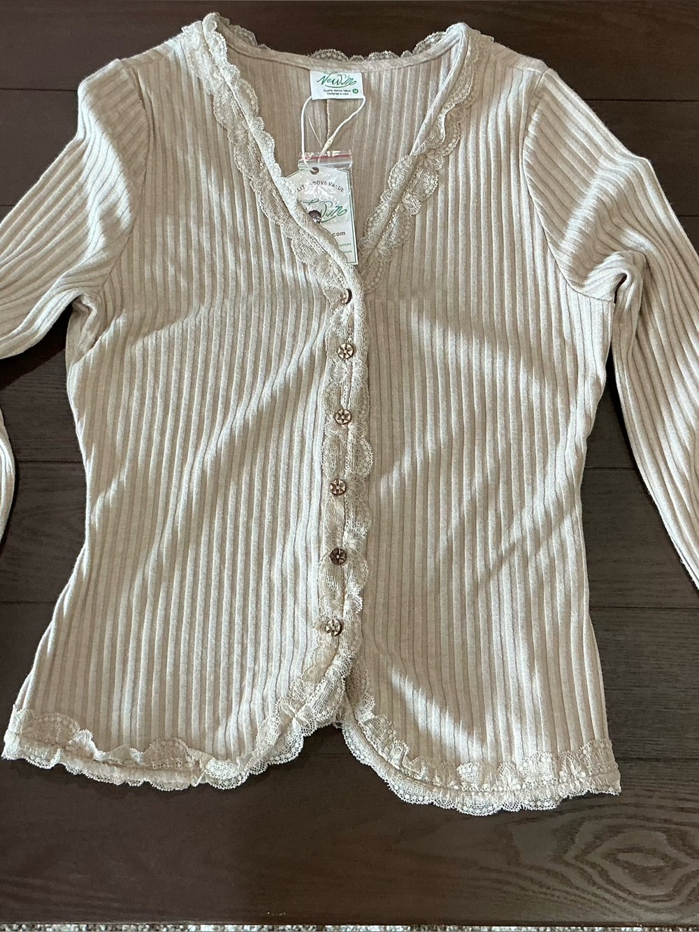 New In Women's Lace-Trim Ribbed Button-Up Top in Light Beige